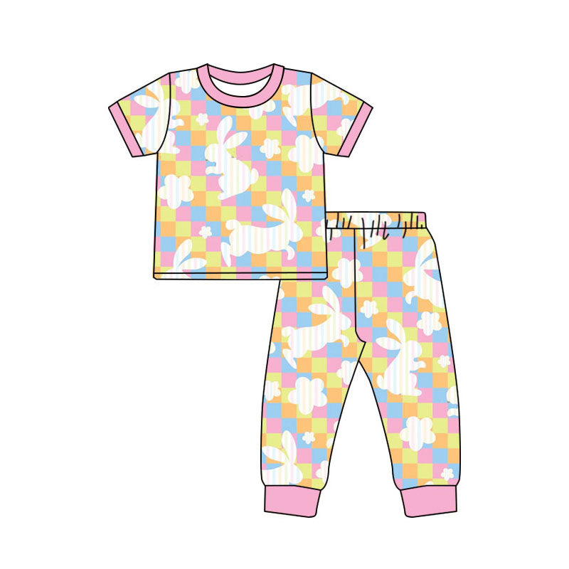 Preorder(moq 8)Baby Girls Colorful Checked Rabbits Flowers Top Pants Easter Pajamas Sets