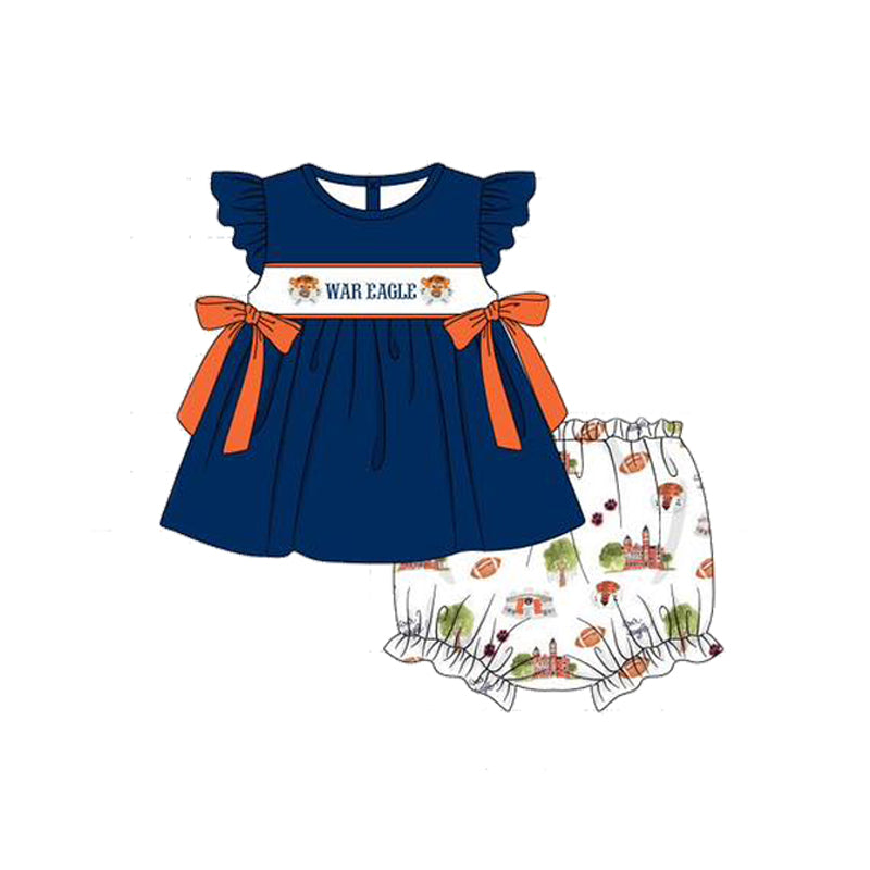 Preorder(moq 5) Baby Girls War Eagle Team Bows Tunic Top Bummie Sets