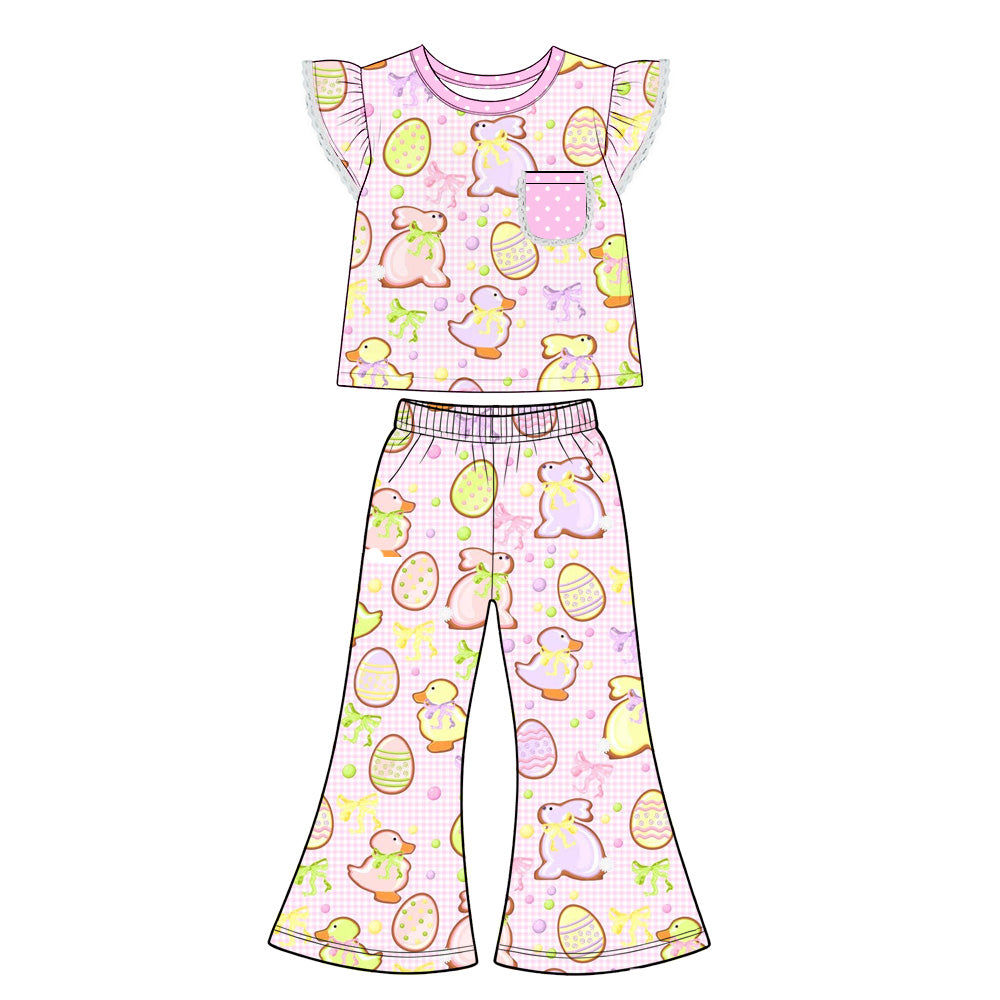 Preorder (moq 5) Baby Girl Clothes Easter Bunny Duck Gingham Print Flutter Sleeve Flare Pant Set