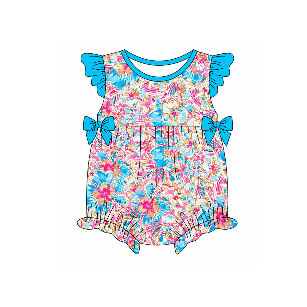 Preorder(moq 5)Baby Infant Girls Blue Flowers Bows Summer Rompers