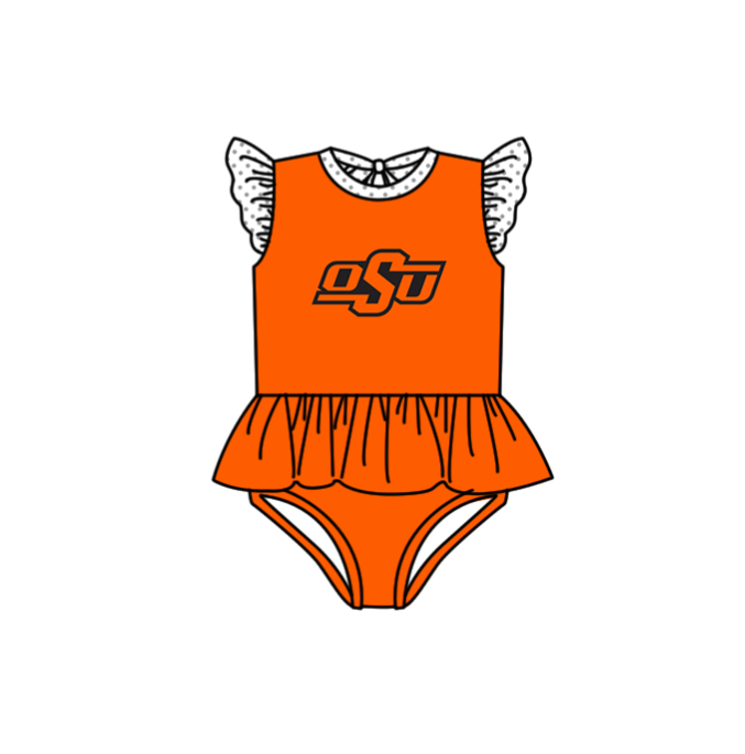 Preorder moq 5 Baby Girls Orange Flutter Sleeve OSU Team Swimsuits