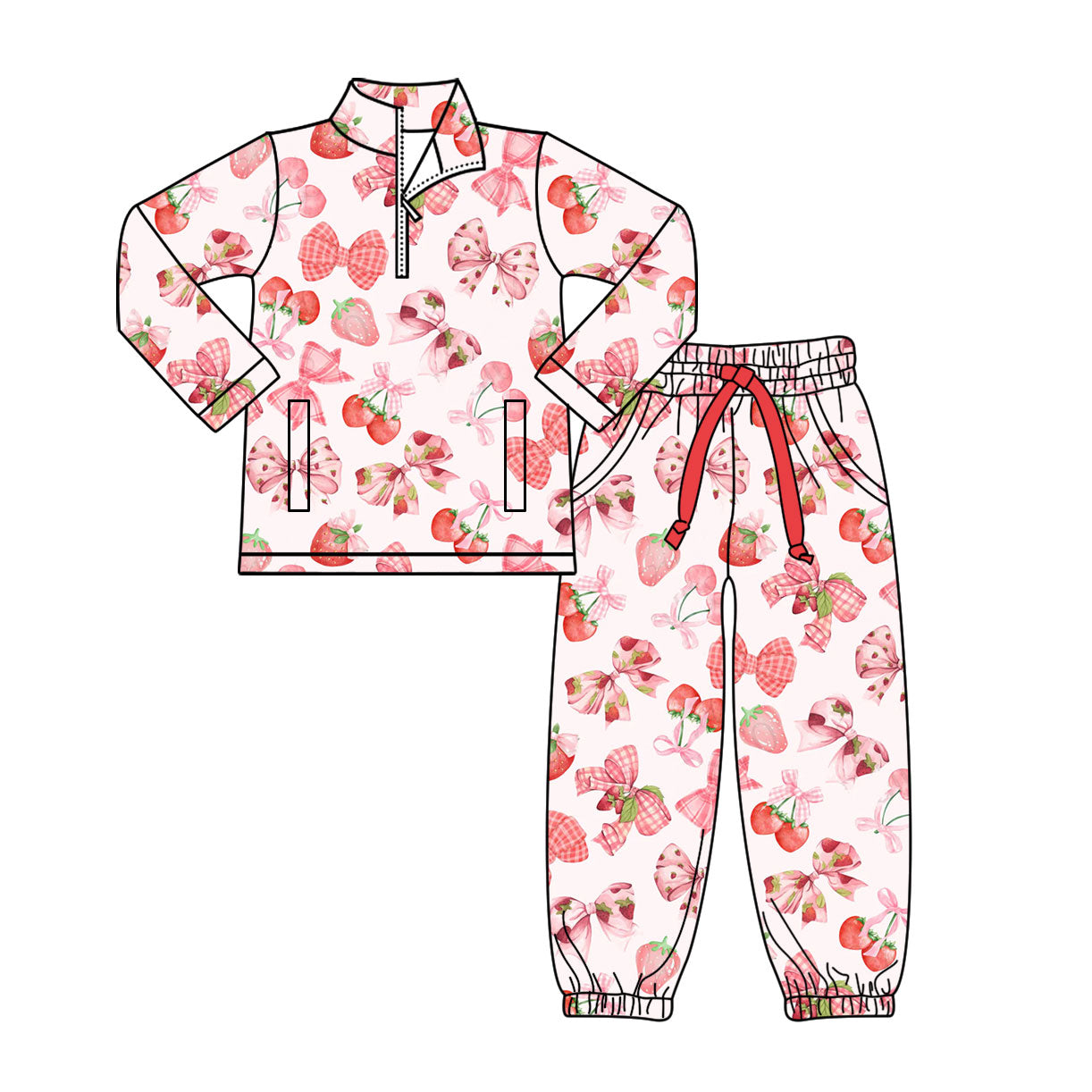 Preorder(moq 5) Baby Girls Bows Strawberry Pockets Zipper Pullover Jogger Pants Clothes Sets
