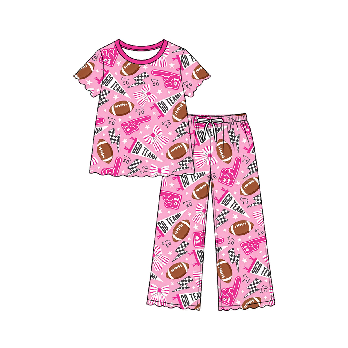 Preorder (moq 5) Baby Girl Clothes Pink Football Go Team Checker Mixed Print Short Sleeve Flare Pant Pajama Set