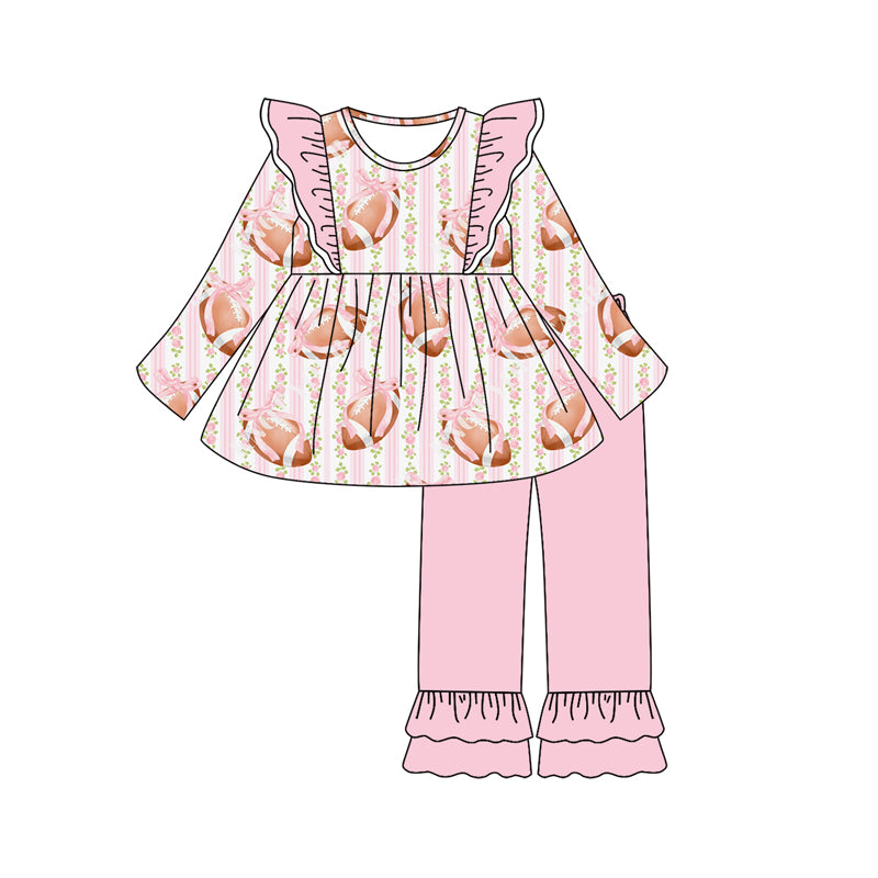 Preorder (moq 5)Baby Girls Long Sleeves Pink Stripe Footballs Tunic Ruffle Pant Sets