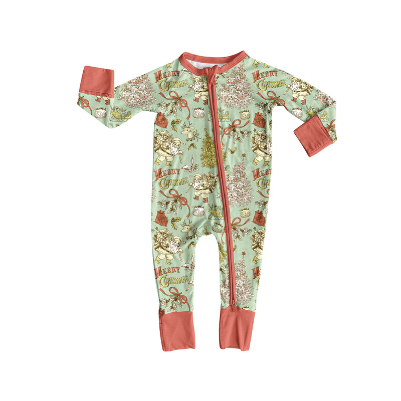 Preorder(moq 5)Baby Girls Green Santa Trees Merry Christmas Zipper Footie Rompers