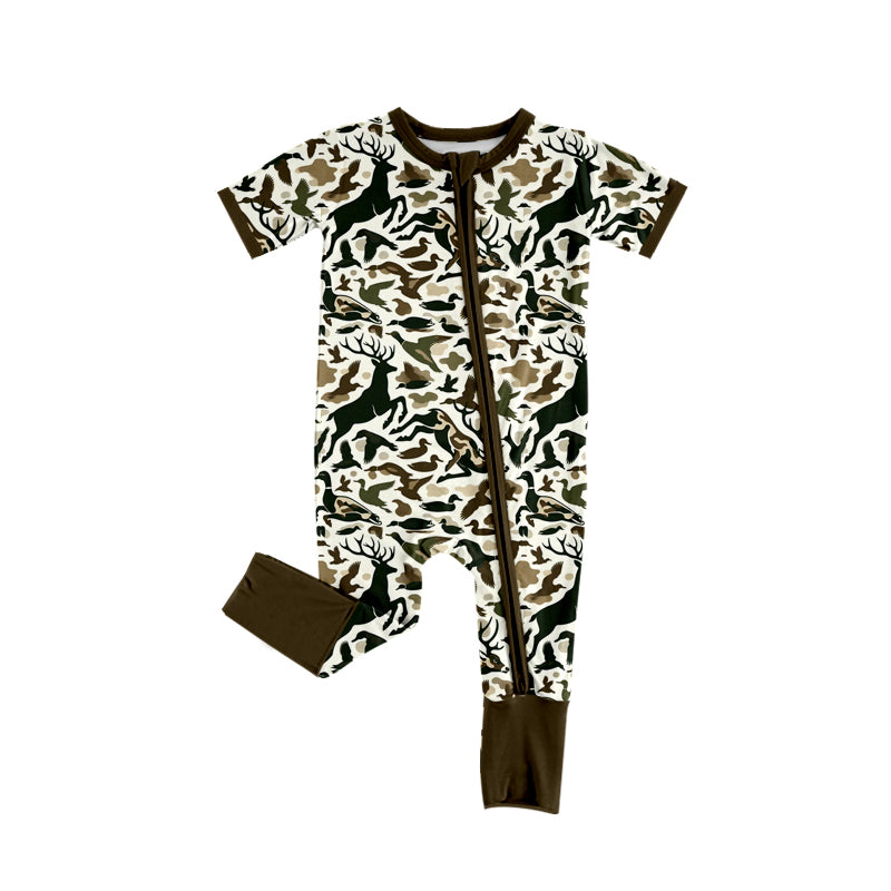 Preorder (moq 5)Baby Boys Short Sleeves Deer Ducks Camo Zipper Rompers