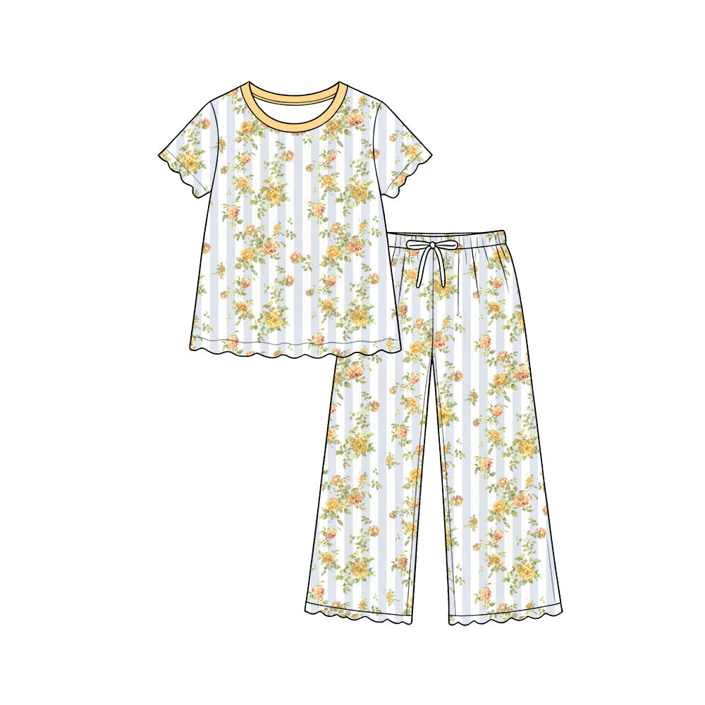 Preorder (moq 5) Baby Girl Clothes Blue Stripe Yellow Rose Floral Mixed Print Short Sleeve Scallop Pajama Pant Set