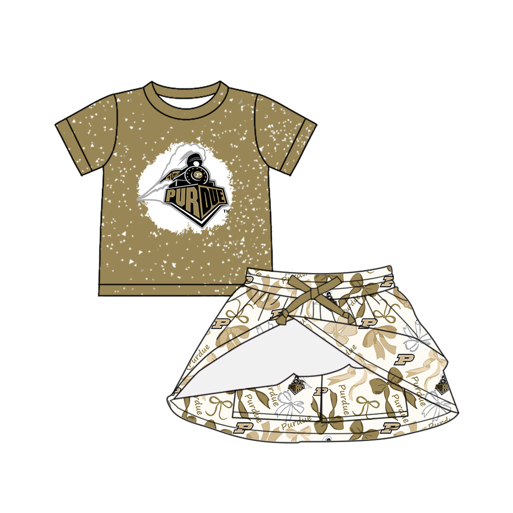Preorder (moq 5)Baby Girls Olive Short Sleeves Purdue Top Bows P Plaid Skorts Team Set