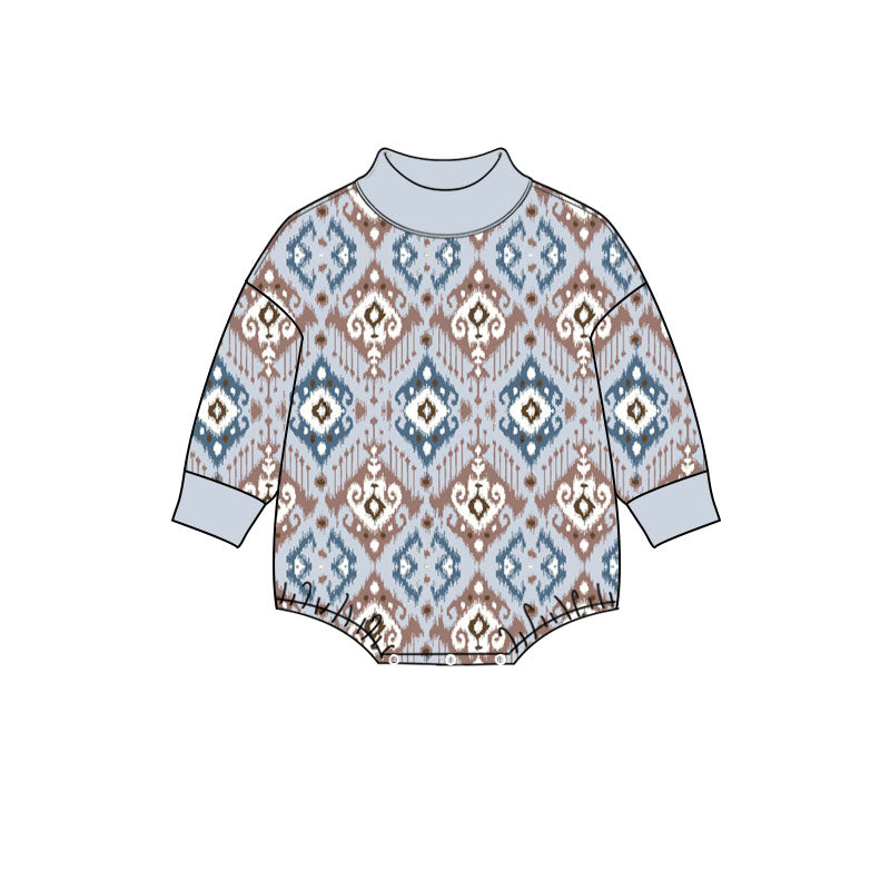 Preorder (moq 5) Baby Boy Clothes Western Aztec Geometric Mixed Print Long Sleeve Mock Neck Bodysuit