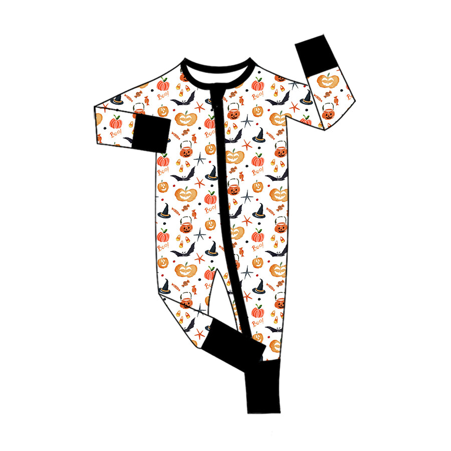 Preorder (moq 5)Baby Boys Ghost Pumpkins Bats Halloween Two Way Zip Convertible Rompers