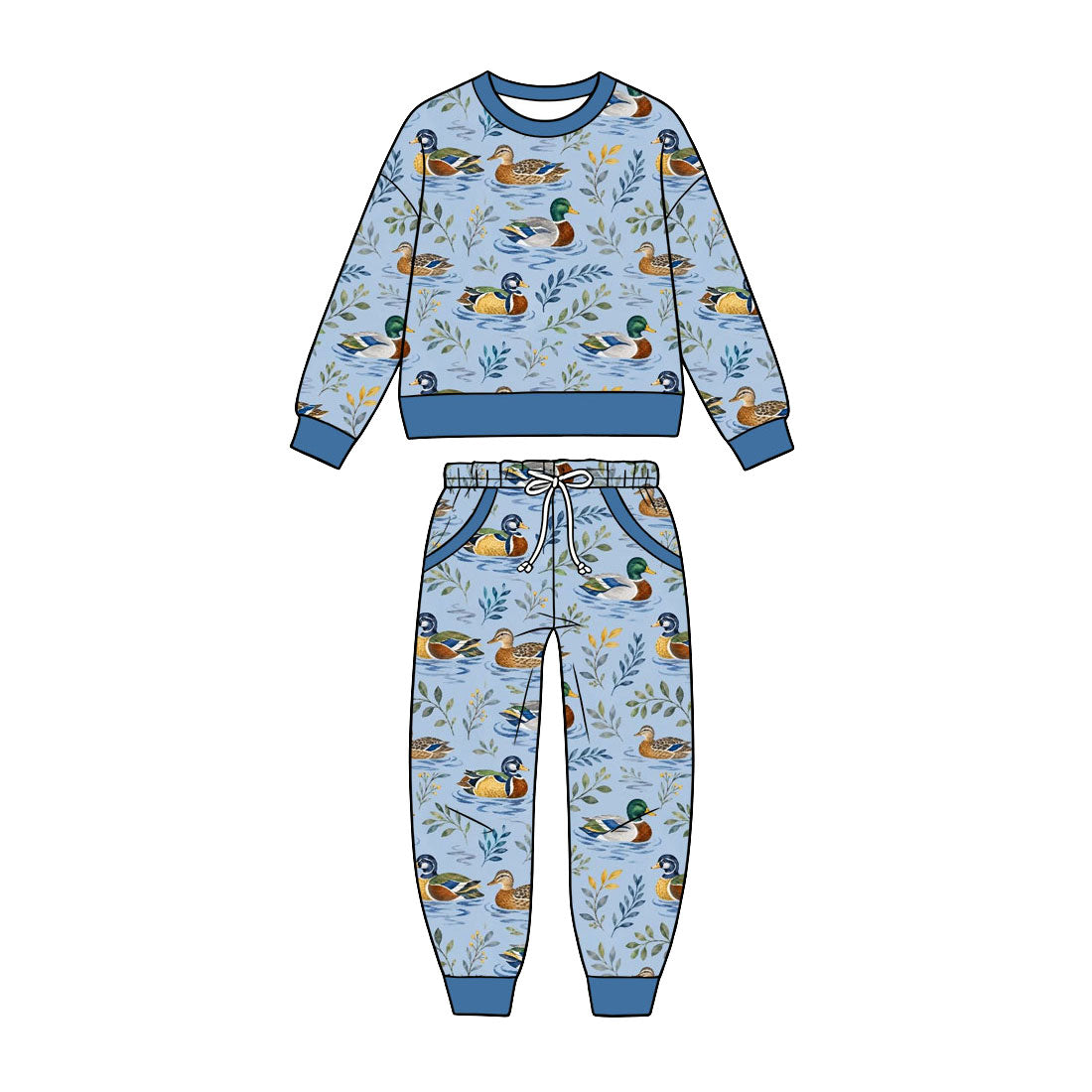 Preorder (moq 5) Baby Boy Blue Duck Water Foliage Print Long Sleeve Sweatshirt Jogger Pant Set