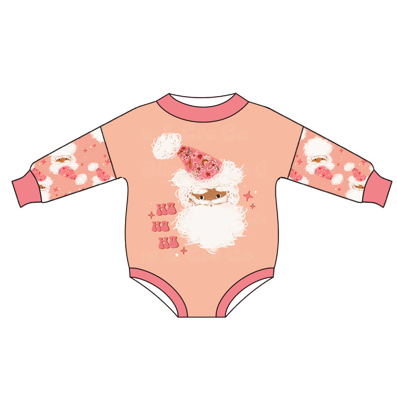 Preorder (moq 5)Baby Girls Peach Long Sleeves Santa HO Ruffle Romper