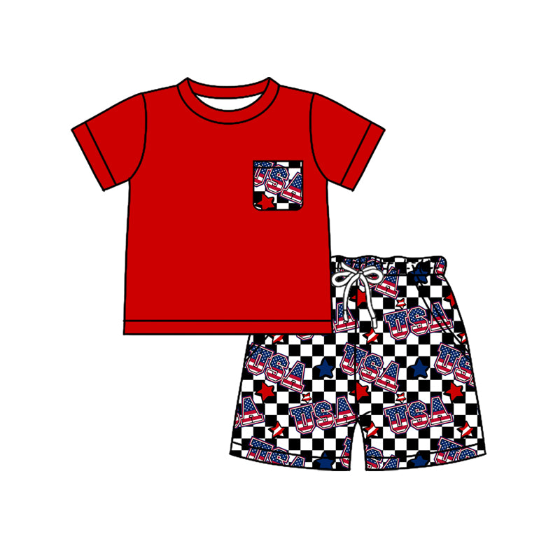 Preorder moq 5 Baby Boys Red Short Sleeves Pocket Top Black Short 4th Of July Set