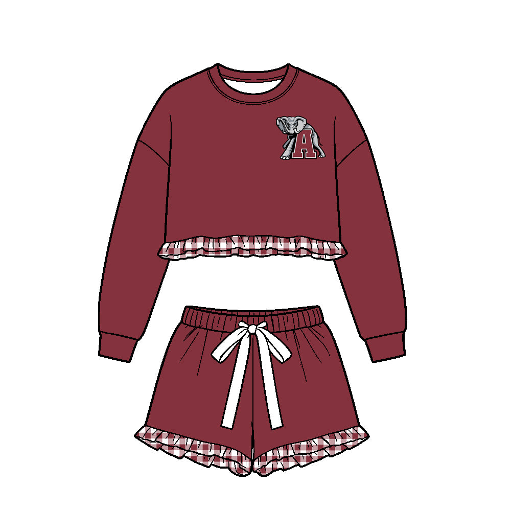 Preorder (moq 5) Girls’ Team Black & Red Round-Neck Long-Sleeve Ruffle Top & Matching Bow-Tie Waist Shorts 2-Piece Set