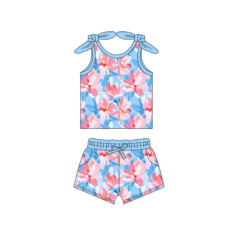 Preorder (moq 5)Baby Girls Bows Sleeveless Blue Red Watercolor Flowers Vest Top Pockets Shorts Set