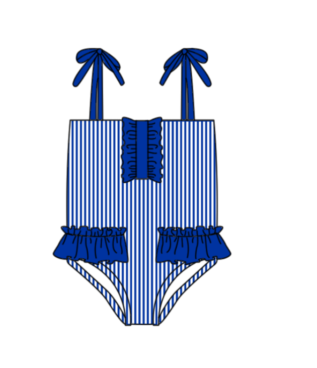 Preorder moq 5 Baby Girls Strap Hot Blue Stripe Team Swimsuits