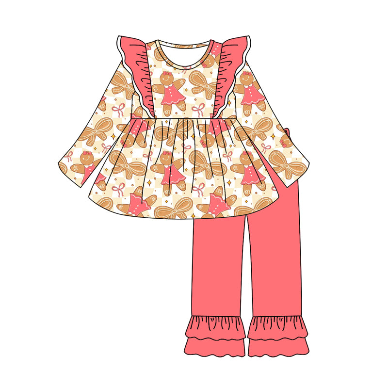 Preorder (moq 5)Baby Girls Long Sleeves Peach Bows Gingerbread Tunic Ruffle Pant Sets