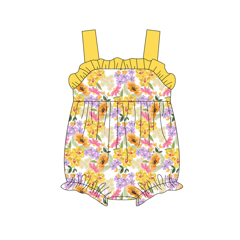 Preorder(moq 5)Baby Infant Girls Yellow Strap Watercolor Floral Ruffle Rompers