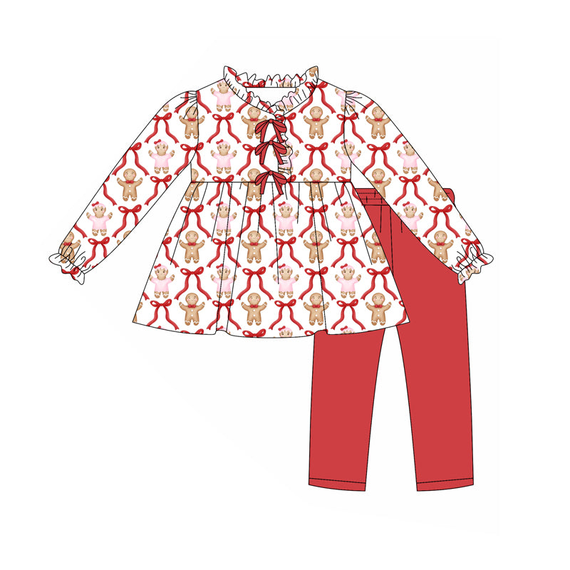 Preorder (moq 5)Baby Girls Christmas Gingerbread Bows Tunic Top Ruffle Pants Outfits Sets