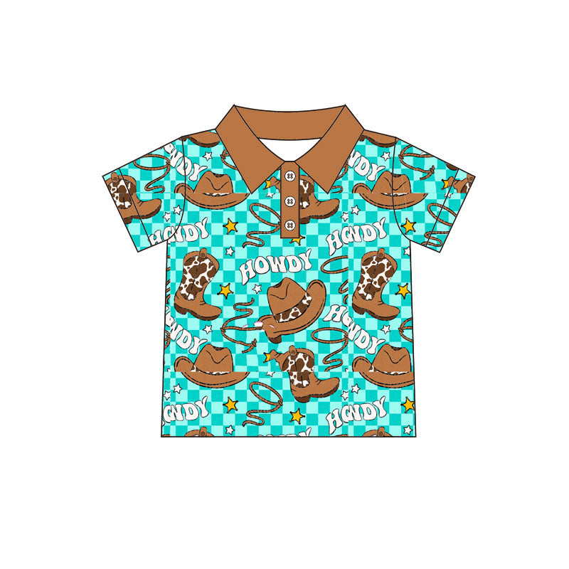 Preorder (moq 8)Baby Boys Aqua Checked Button Hats Boots Howdy Western Polo Shirts Tops