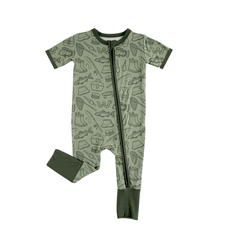 Preorder (moq 5)Baby Boys Short Sleeve Fishing Hunting Two Way Zip Convertible Rompers