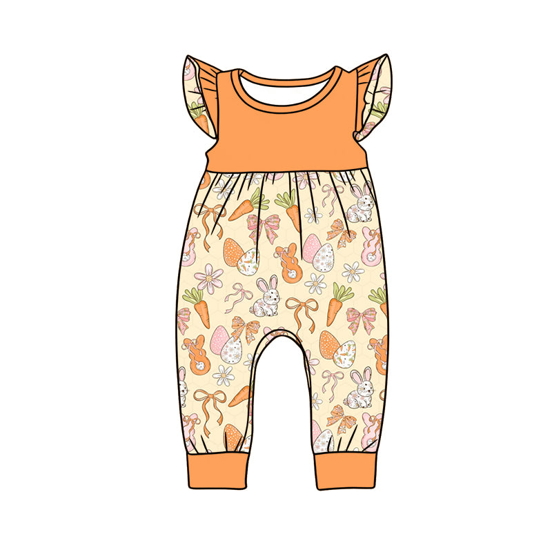 Preorder (moq 5)Baby Girls Flutter Sleeve Colorful Flowers Rabbits Easter Pant Rompers
