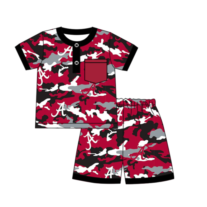Preorder (moq 5)Baby Boys Short Sleeves Red Camo Button Pocket A Top Shorts Team Pajamas Set