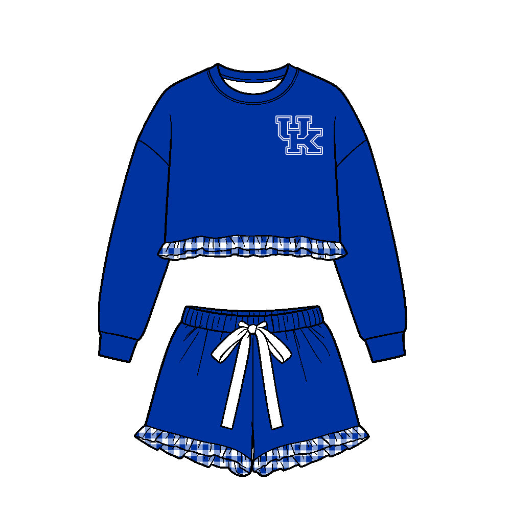 Preorder (moq 5) Girls’ Team Blue Round-Neck Long-Sleeve Ruffle Top & Matching Bow-Tie Waist Shorts 2-Piece Set
