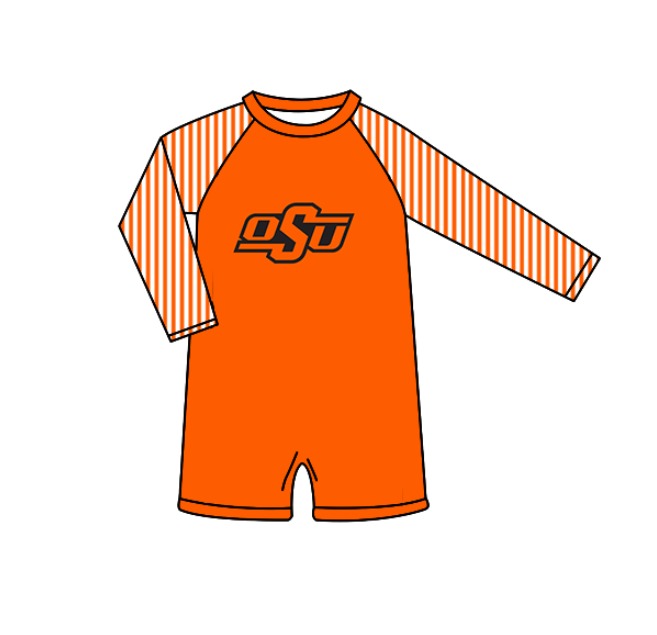 Preorder moq 5 Baby Boys Orange Stripe Long Sleeve OSU Team Swimsuits