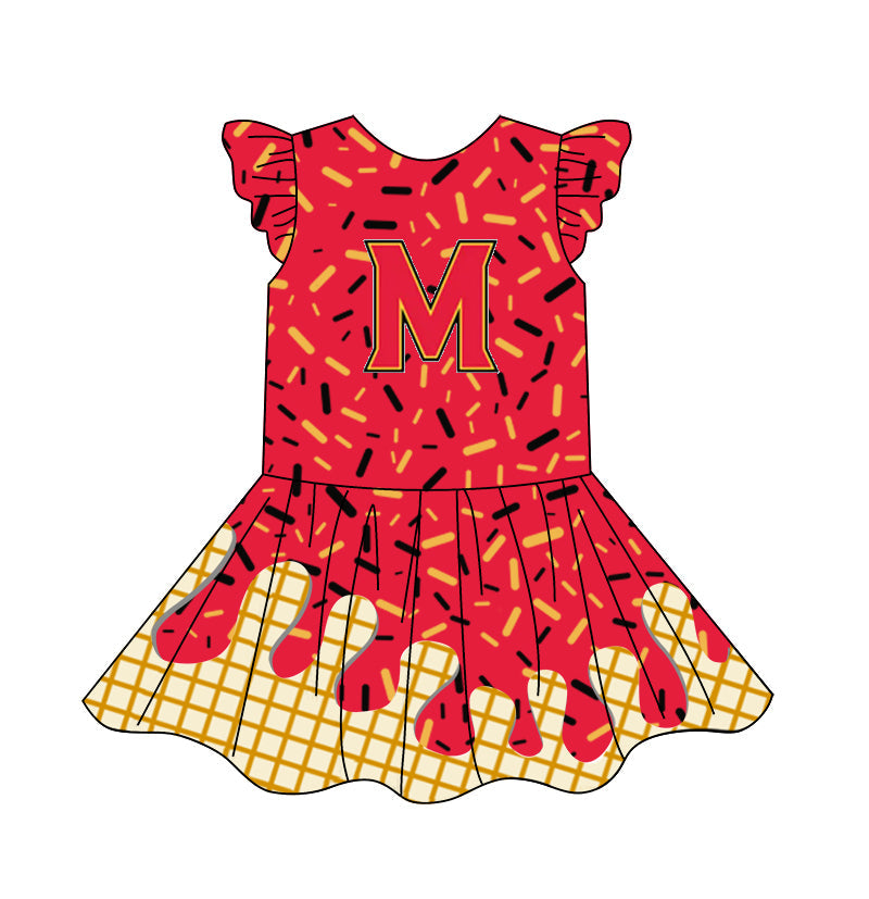 Preorder (moq 5)Baby Girls Flutter Sleeve Drip Sprinkles Team Short Knee Length Dresses