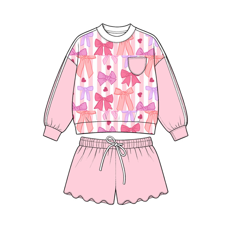 Preorder (moq 5) Girls’ All-Over Bow Print Cropped Sweatshirt & Wavy Ruffle Shorts 2-Piece Sweet Pink Set