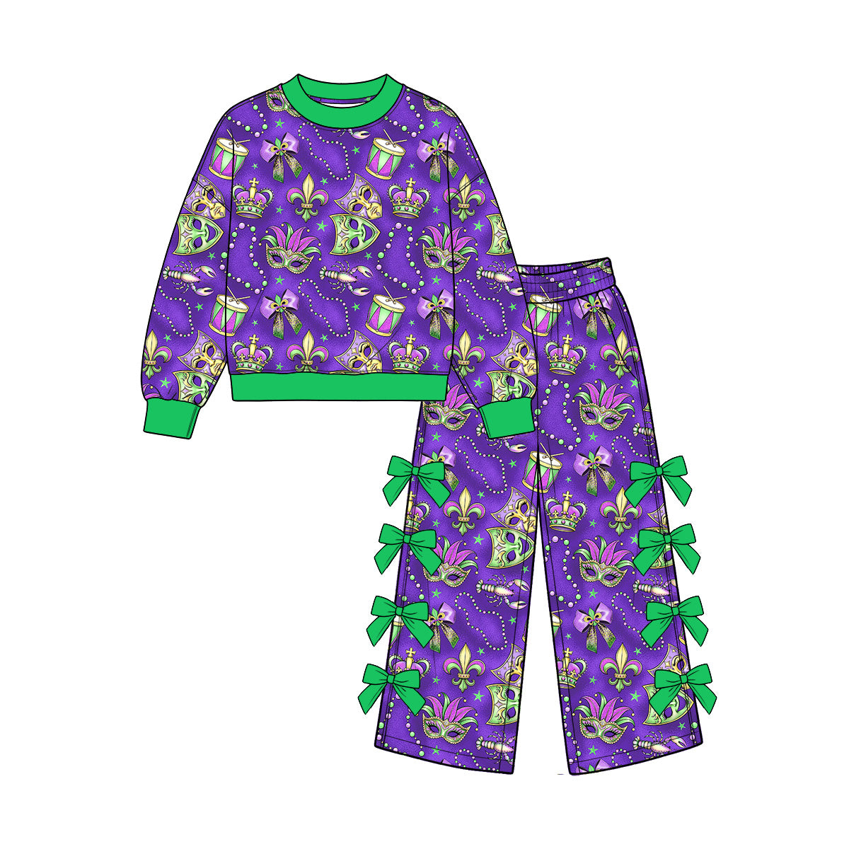 Preorder (moq5) Baby Girls Mardigras Masks Top Bows Pockets Flare Pant Clothes Set
