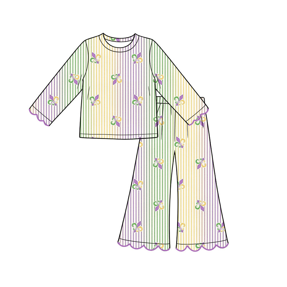 Preorder (moq 5) Girl Clothes Mardi Gras Stripe Fleur De Lis Print Scalloped Long Sleeve Flare Pajama Set