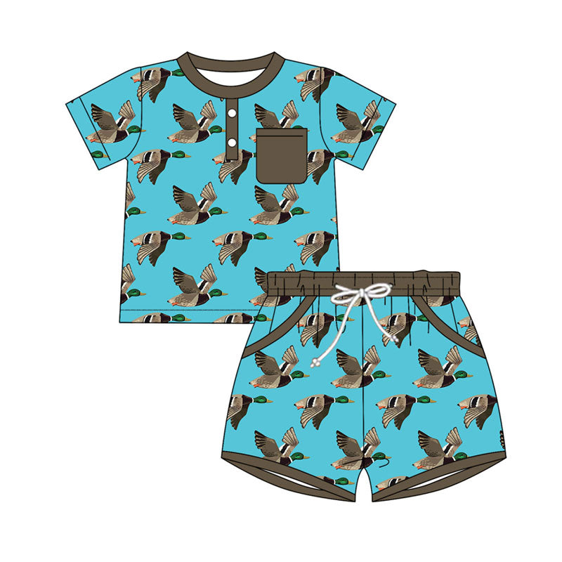 Preorder(moq 5) Baby Boys Blue Ducks Button Pocket Top Shorts Hunting Clothes Sets