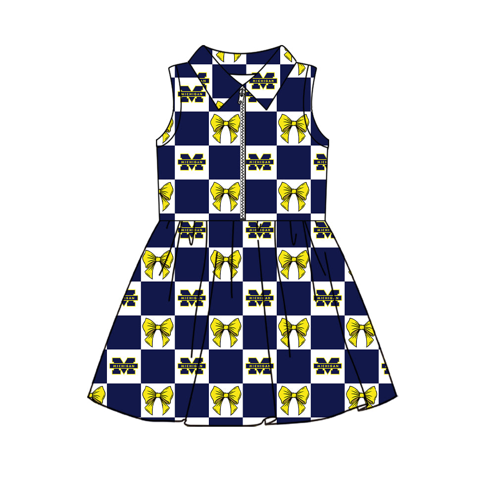 Preorder (moq 5) Baby Girls Sleeveless Bows Michigan Checked Team Zip Knee Length Dress