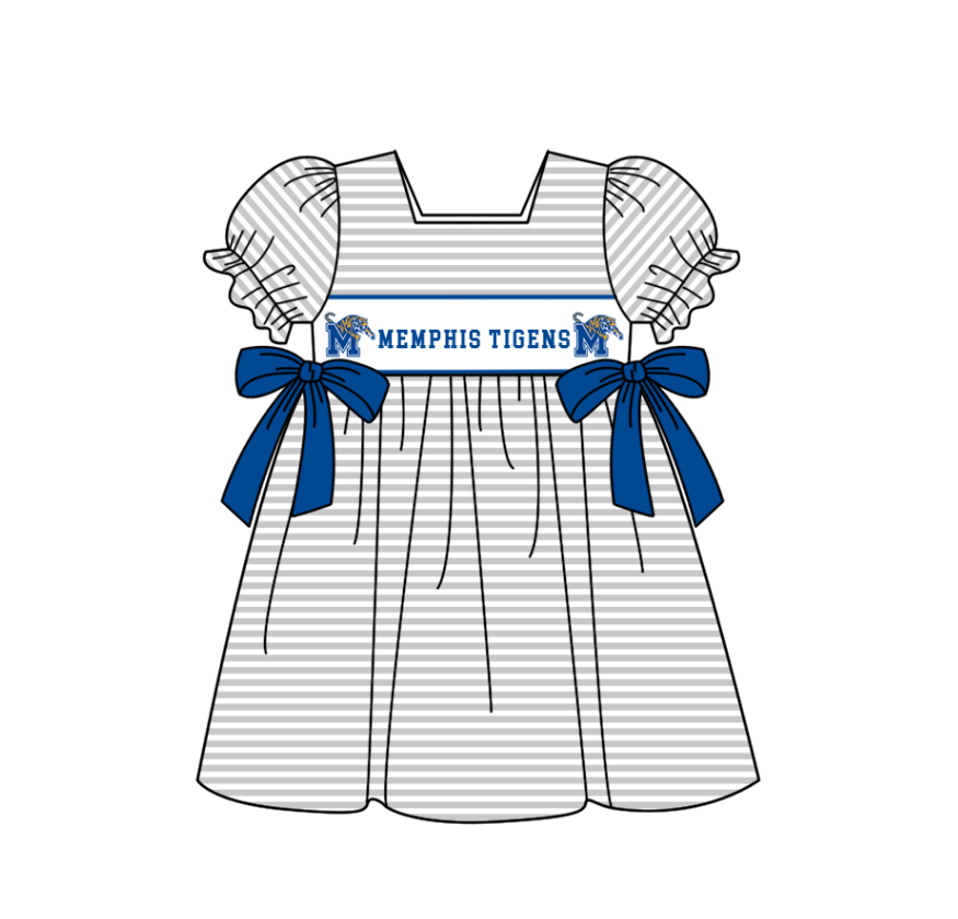 Preorder (moq 5)Baby Girls Memphis Tigers Bows Stripe Team Knee Length Dresses