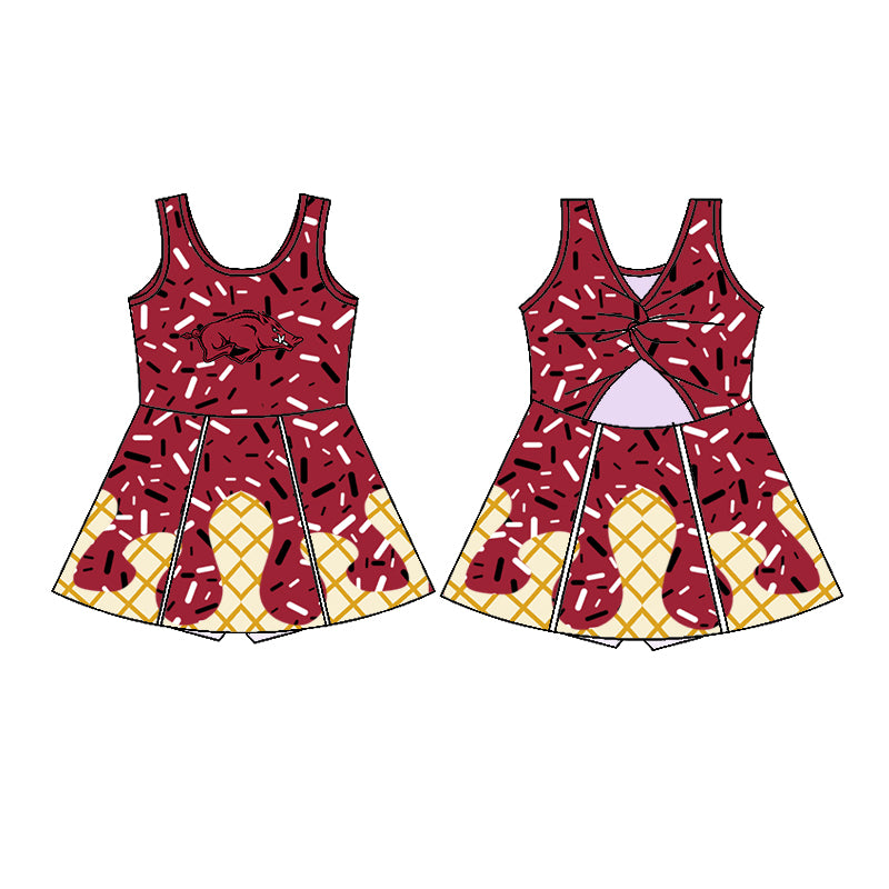 Preorder (moq 5)Baby Girls Dark Red Sleeveless Drip Bull Shorts Team Knee Length Dresses