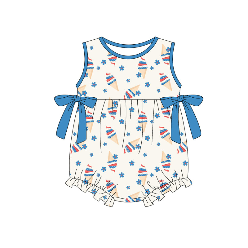 Preorder (moq 5)Baby Girls Sleeveless Flowers Ice Creams Bows 4th of July Ruffle Rompers