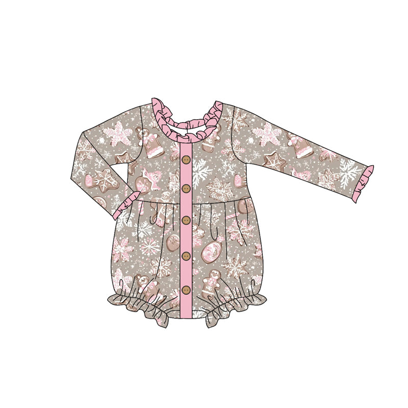 Preorder (moq 5)Baby Girls Light Pink Long Sleeves Gingerbread Snowflake Ruffle Rompers