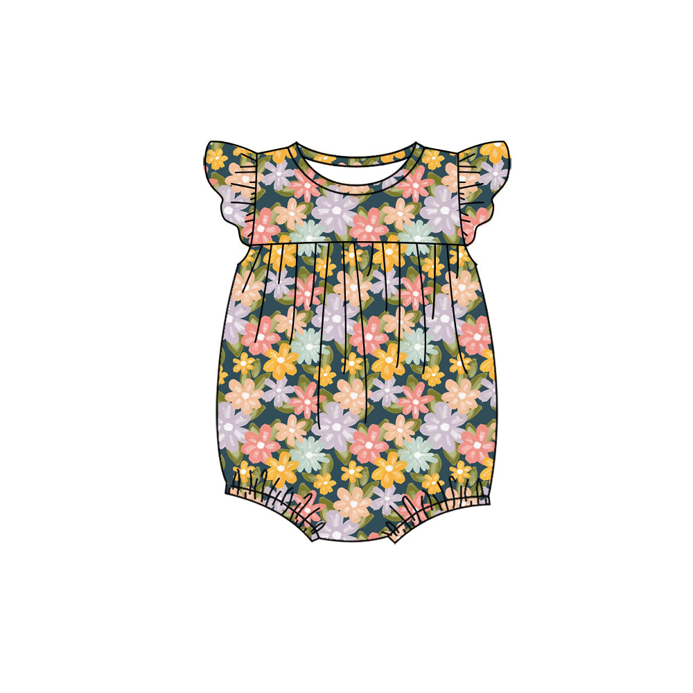 Preorder (moq 5)Baby Girls Flutter Sleeve Colorful Flowers Ruffle Rompers