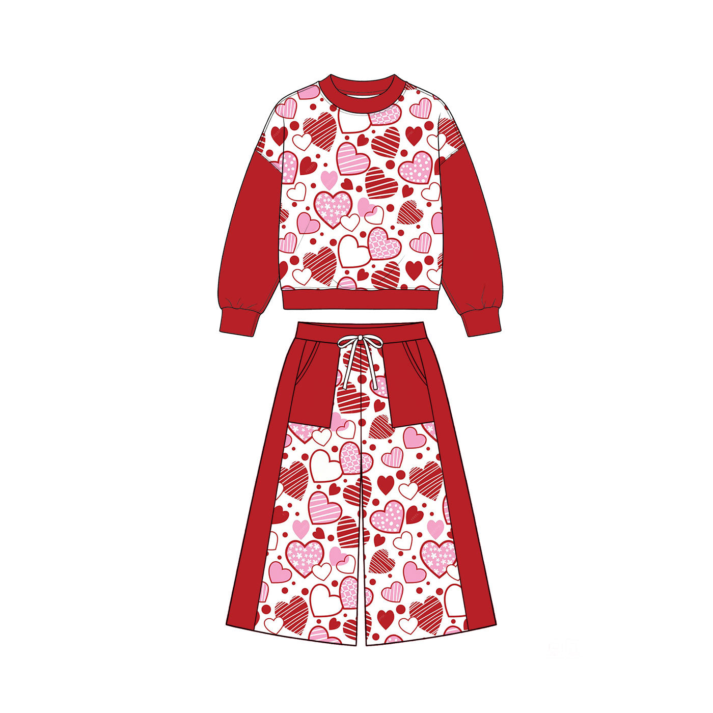 Pre-order(moq5) Girls’ Fall Burgundy Heart Print Crew Neck Long Sleeve Bow Top & Wide-Leg Pants Set | Sisters’ Matching Outfits