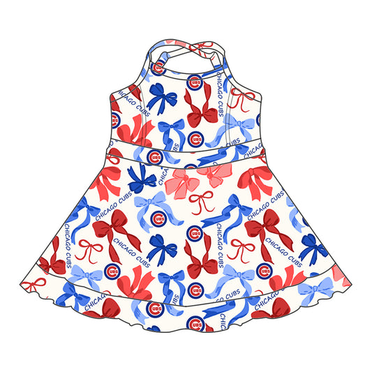 Preorder (moq 5)Baby Girls Strap Blue Red Bows Plaid Chicago Cubs Short Ruffle Team Knee Length Dresses