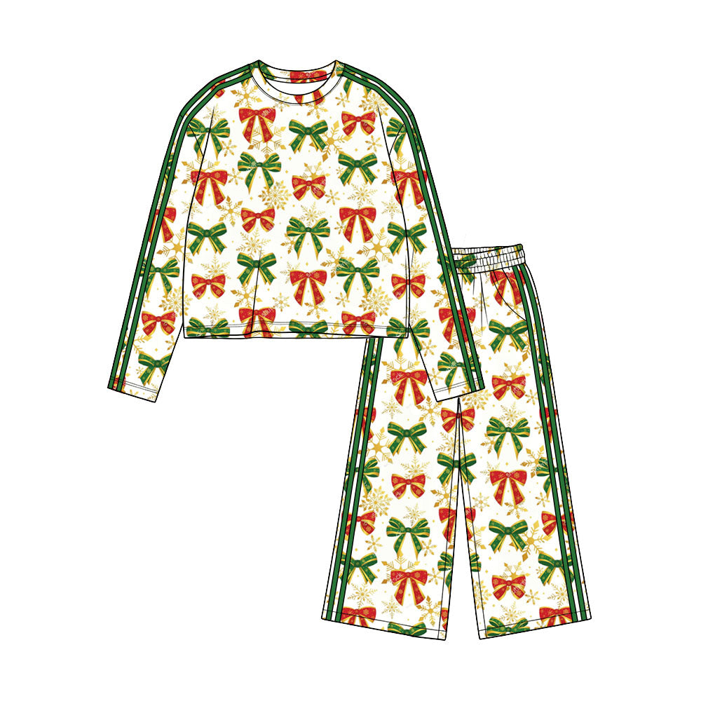 Preorder(moq 5) Girls Christmas Bow Print 2-Piece Soft Long Sleeve Pants Side Stripe Holiday Loungewear Set