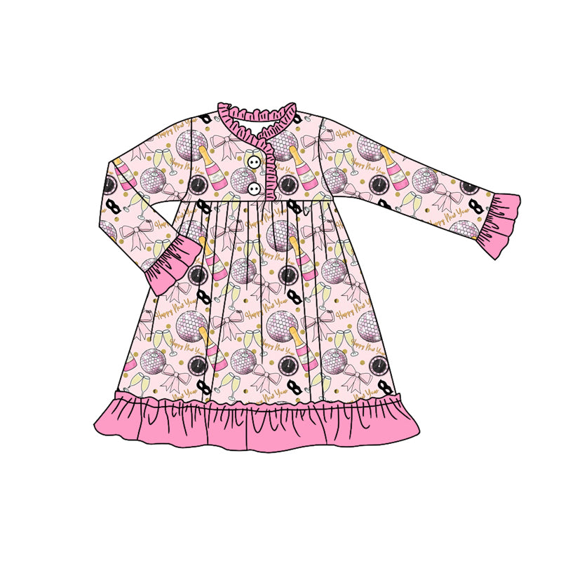 Preorder (moq 5)Baby Girls Happy New Year Button Ruffle Knee Length Dresses