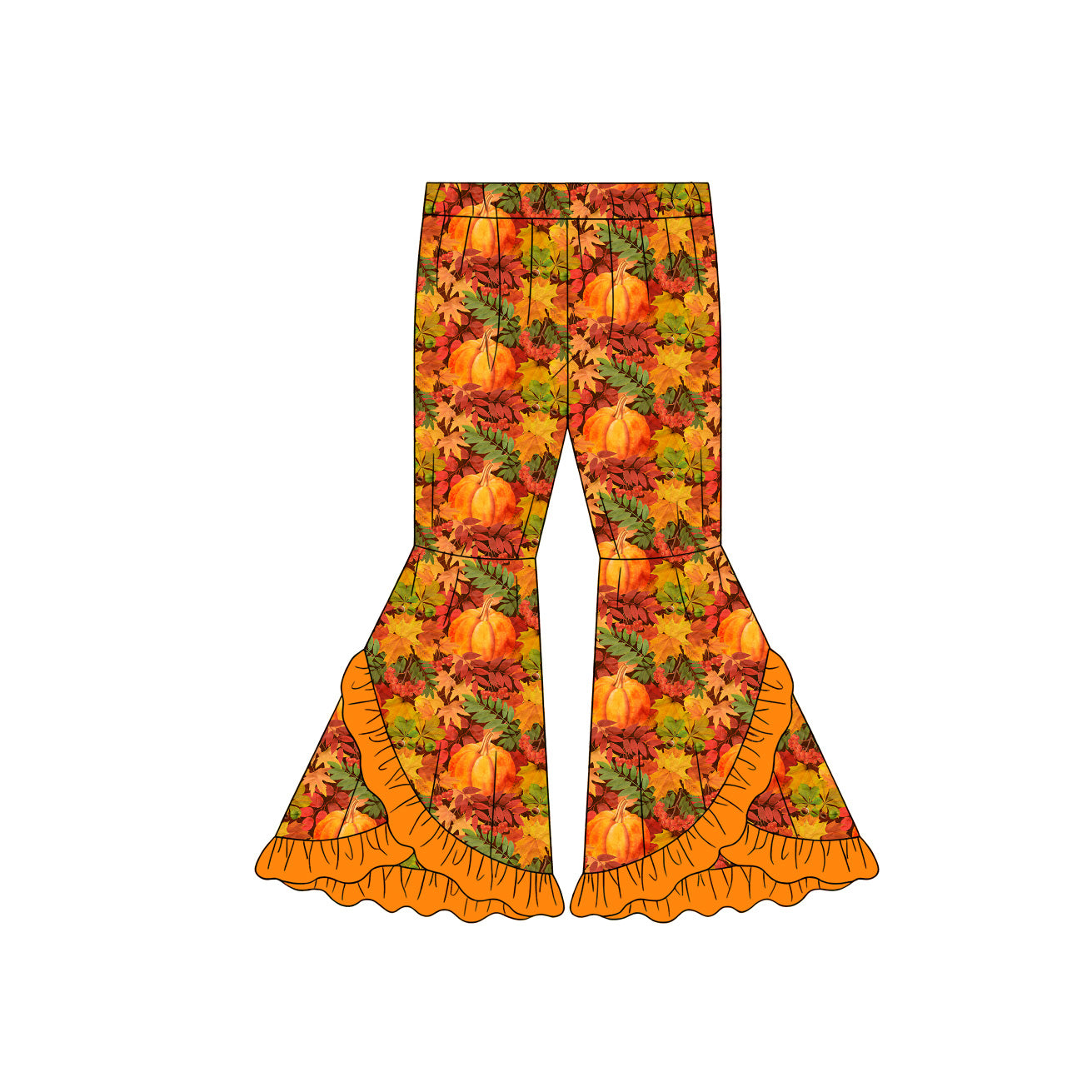 Preorder (moq 5)Baby Girls Flowers Pumpkins Fall Double Ruffle Bell Bottom Pants