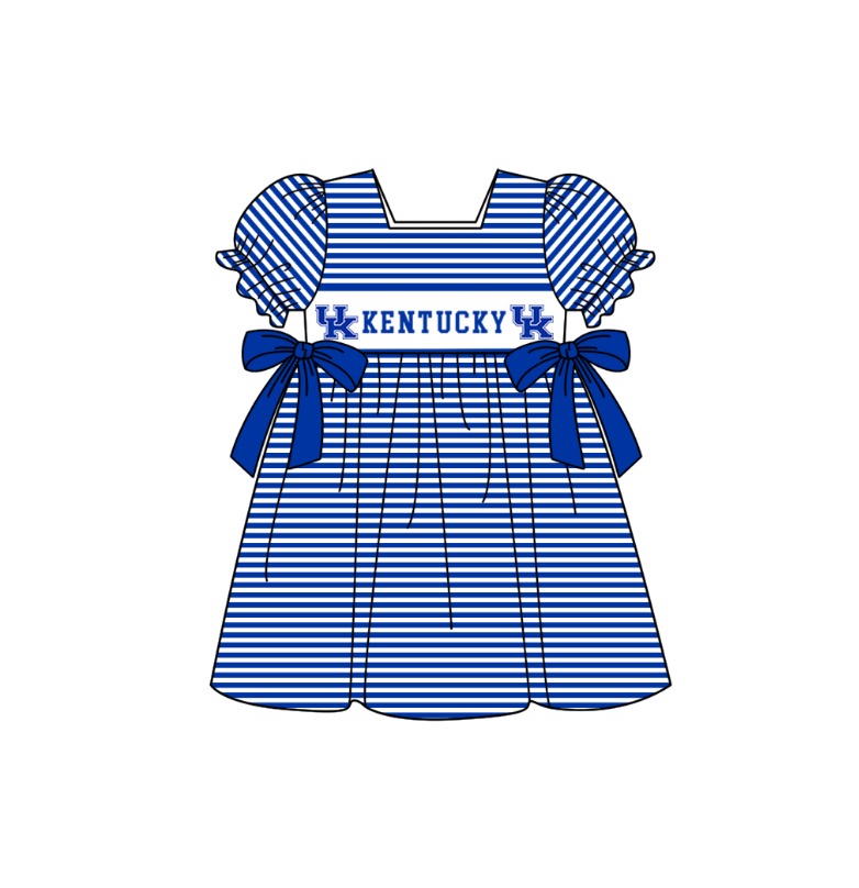 Preorder (moq 5)Baby Girls Hot Blue Short Ruffle Sleeve UK Stripe Team Knee Length Dress