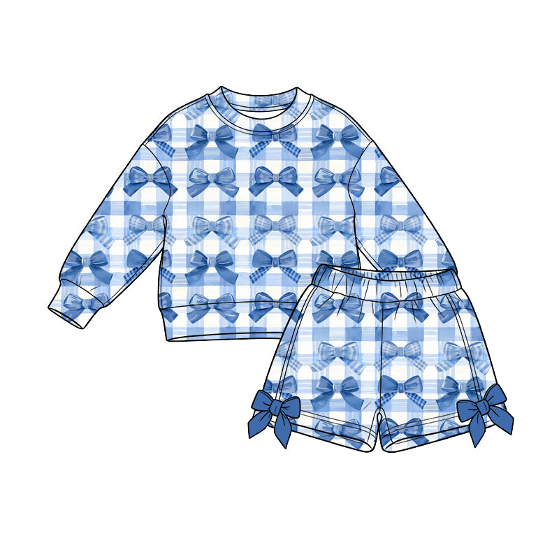 Preorder (moq 5) Baby Girl Clothes Blue Gingham Bow Mixed Print Long Sleeve Sweatshirt Bow Short Set