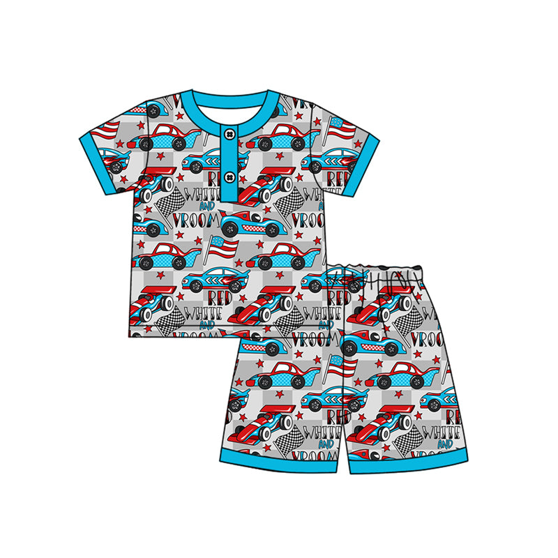 Preorder moq 5 Baby Boys Short Sleeves Cars Stars Button Top Shorts 4th Of July Pajamas Set