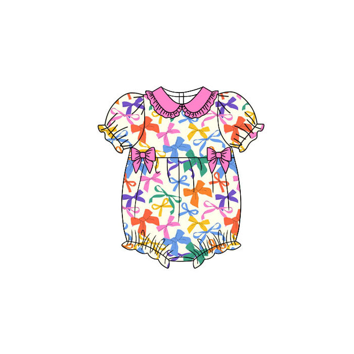 Preorder (moq 5)Baby Girls Short Sleeve Colorful Bows Collar Ruffle Rompers