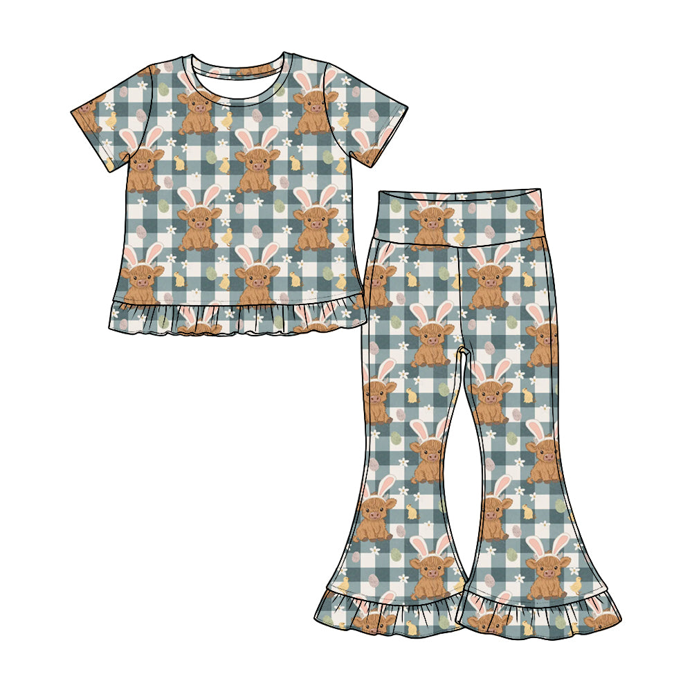 Preorder(moq 5) Girls Ruffle Short Sleeve Top & Ruffle Flare Pants Set Kids Two‑Piece Casual Outfit Set
